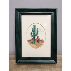 Framed Needlework Cactus Wall Hanging 8”X 6”